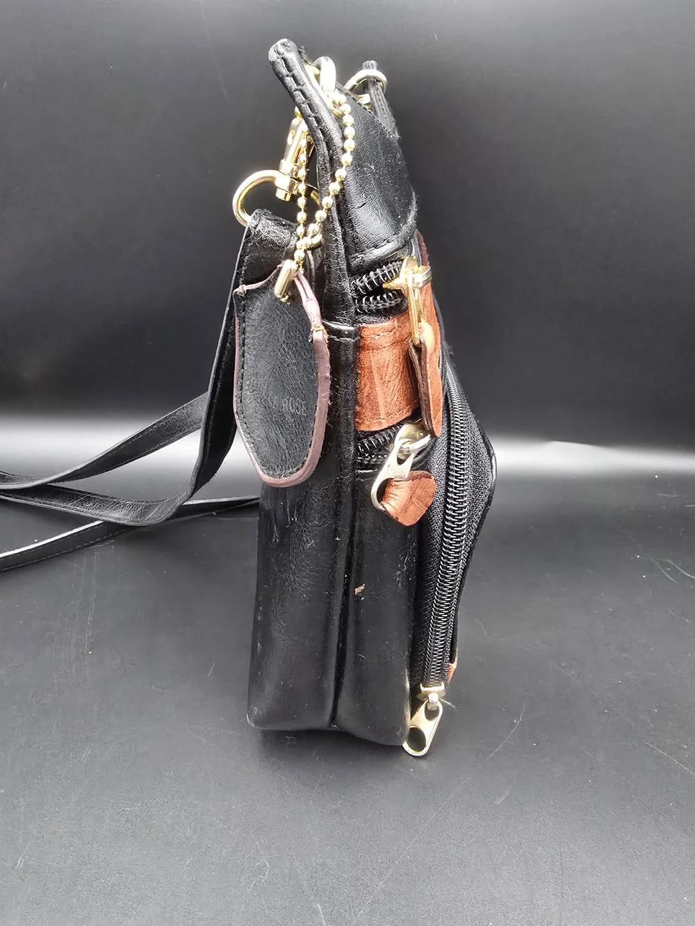 Two-Tone Black & Brown Crossbody Organizer with Gold Hardware
